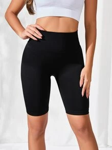 Easithlete Solid Wide Waistband Sports Shorts - Black - View 4