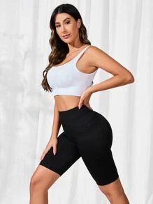 Easithlete Solid Wide Waistband Sports Shorts - Black - View 6