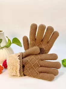 Solid Plush Lined Gloves - Khaki - View 1