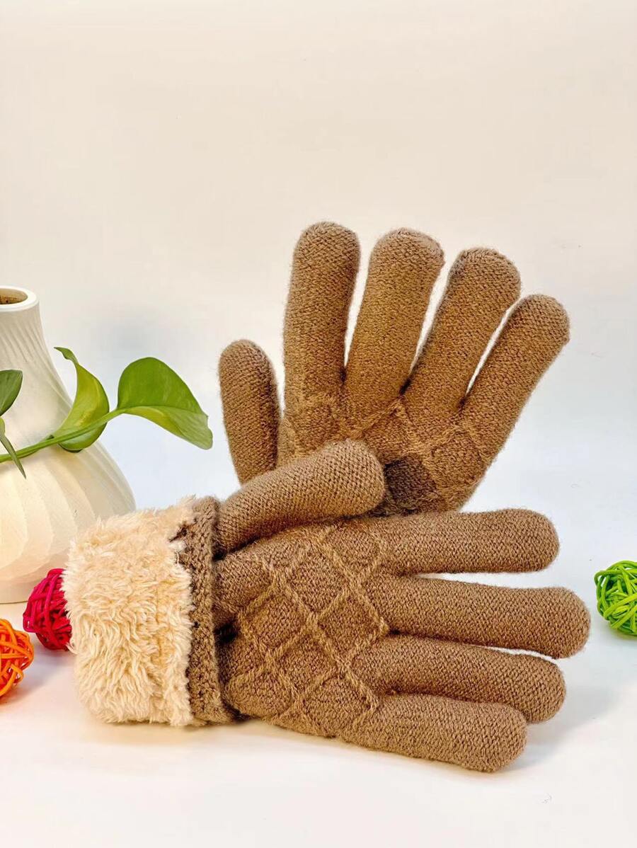 Solid Plush Lined Gloves - Khaki - View 1