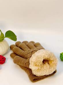 Solid Plush Lined Gloves - Khaki - View 3