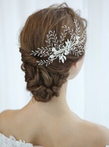 Flower Decor Bridal Hair Clip - Silver - View 1