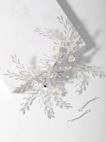 Flower Decor Bridal Hair Clip - Silver - View 2