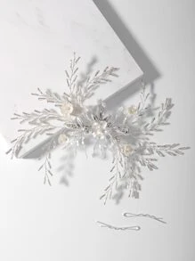 Flower Decor Bridal Hair Clip - Silver - View 4