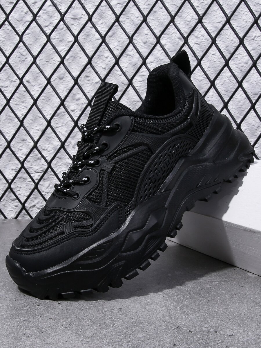 Men Lace-up Front Chunky Sneakers - Black - View 1
