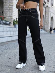 Quần jean nữ Nút Túi Dây kéo Tương phản ràng buộc màu trơn - màu đen - Xem 7