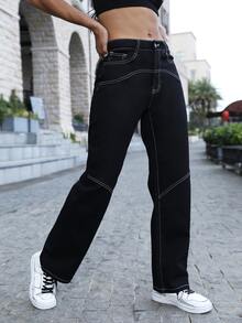 Quần jean nữ Nút Túi Dây kéo Tương phản ràng buộc màu trơn - màu đen - Xem 5