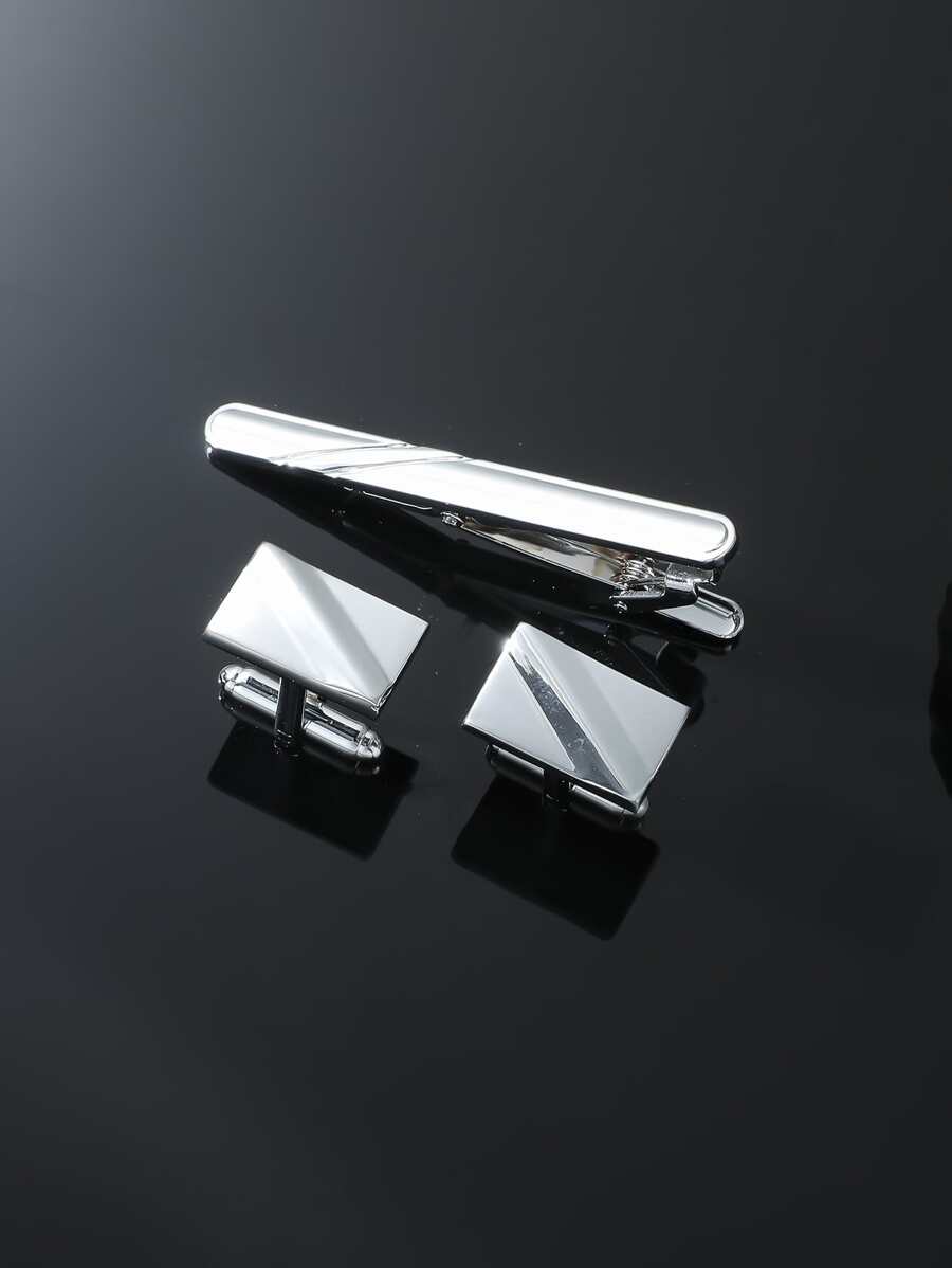 3入組男士銀色領帶夾和袖扣套裝配飾 - 銀色 - 查看 1
