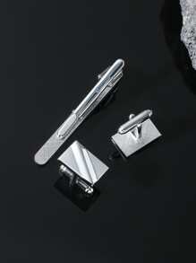 3入組男士銀色領帶夾和袖扣套裝配飾 - 銀色 - 查看 2