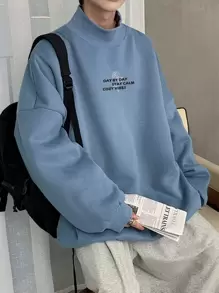 Manfinity Hypemode Men Slogan Graphic Mock Neck Drop Shoulder Sweatshirt - Dusty Blue - View 1