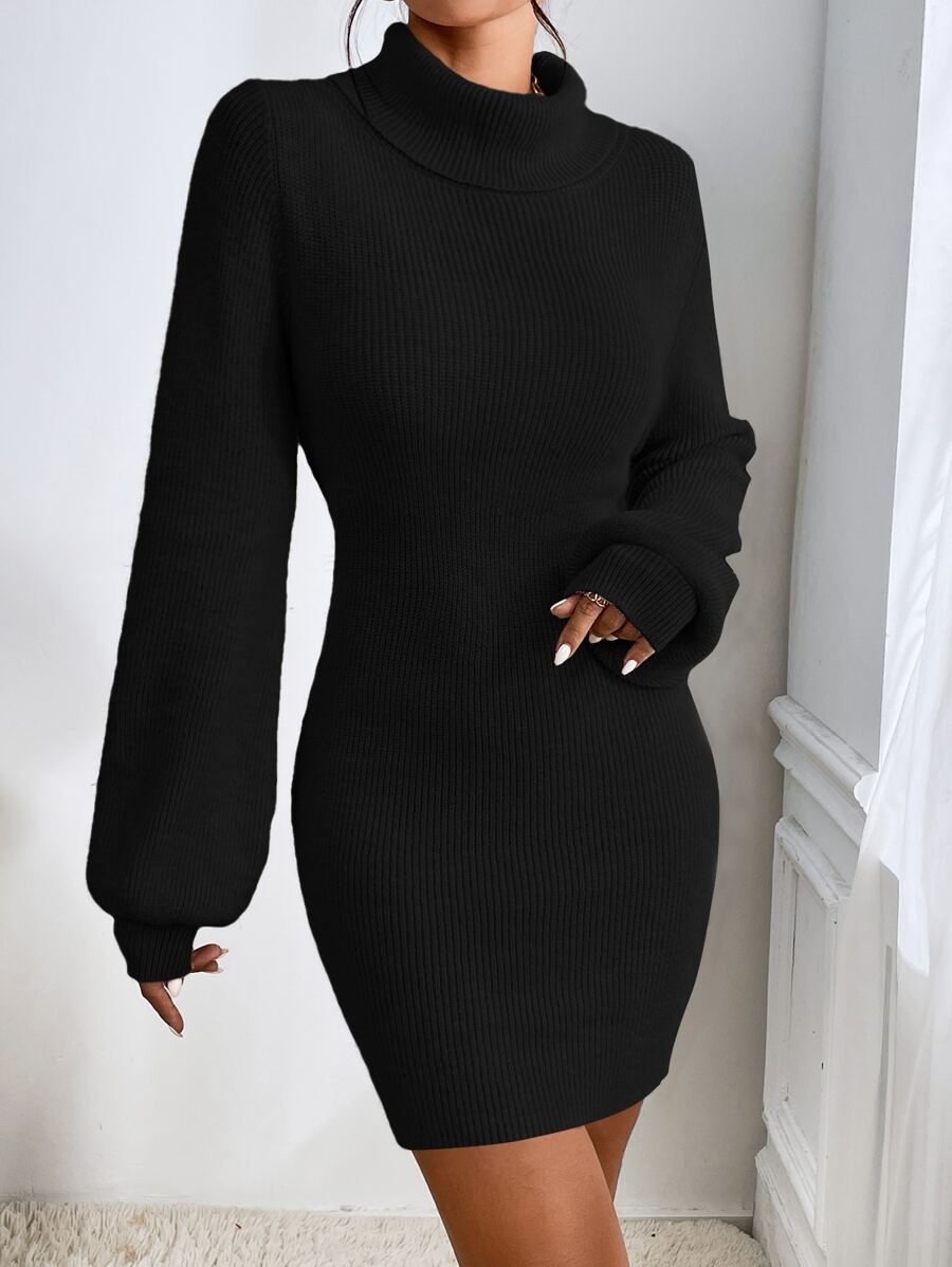 Firerie Váy ngắn tay đèn lồng cổ lọ màu đen không thắt lưng cho mùa thu/đông - màu đen - Xem 1