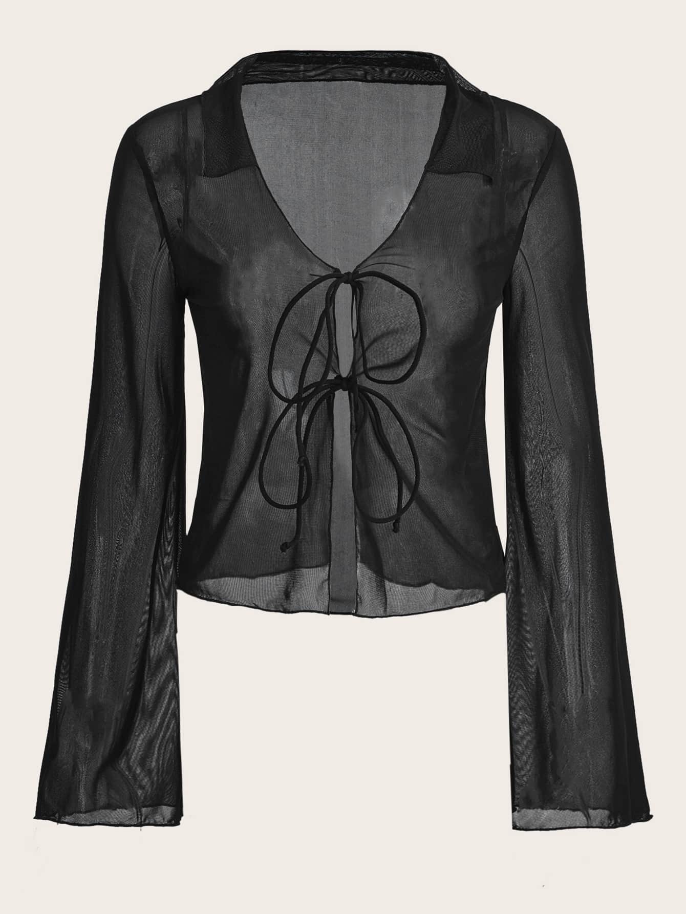 SHEIN ICON Áo nữ cắt Thắt nơ trước màu trơn Gợi cảm - màu đen - Xem 1