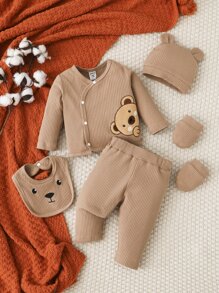 SHEIN Conjunto De Recién Nacido Para Niño Con Bordado De Dibujos Animados En Camiseta, Pantalones, Gorro, Babero Y Guantes - Camel - Ver 1