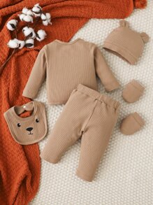 SHEIN Conjunto De Recién Nacido Para Niño Con Bordado De Dibujos Animados En Camiseta, Pantalones, Gorro, Babero Y Guantes - Camel - Ver 2