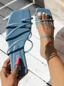 夏季新款平底女式凉鞋，系带凉鞋，优雅舒适大码方头沙滩拖鞋，黑色、白色、米色、卡其色、紫色、金色 - 藍色 - 查看 4