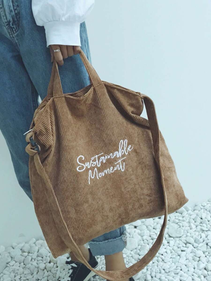 Vintage Corduroy Shoulder Handbag, Fashionable Lightweight Tote Bag With Letter Printing For Women Shopping - Brown - View 1