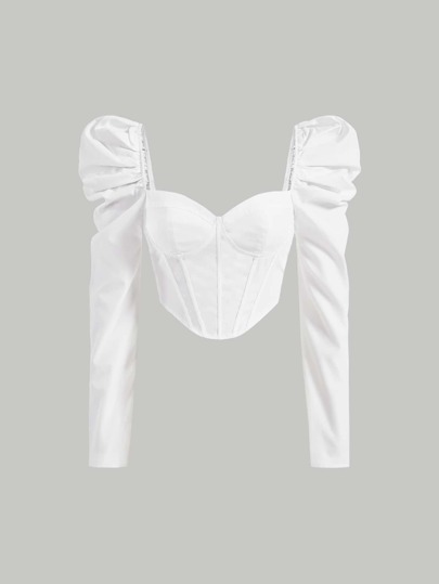 SHEIN MOD Blusa corta con cuello de corazón y mangas abullonadas, Blusas de manga larga