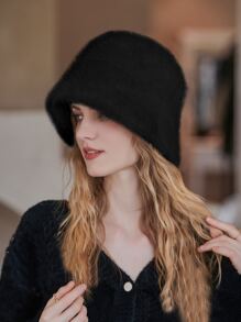 LEAJOURNO. 1入女款毛茸茸圓頂漏斗帽，百搭保暖大頭包覆式圓頂帽，柔軟舒適帽，優雅大方 - 黑色 - 查看 2