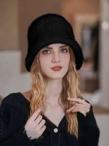 LEAJOURNO. 1入女款毛茸茸圓頂漏斗帽，百搭保暖大頭包覆式圓頂帽，柔軟舒適帽，優雅大方 - 黑色 - 查看 3