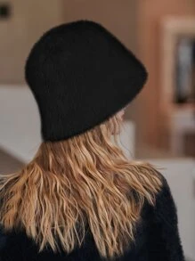 LEAJOURNO. 1入女款毛茸茸圓頂漏斗帽，百搭保暖大頭包覆式圓頂帽，柔軟舒適帽，優雅大方 - 黑色 - 查看 5