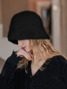 LEAJOURNO. 1入女款毛茸茸圓頂漏斗帽，百搭保暖大頭包覆式圓頂帽，柔軟舒適帽，優雅大方 - 黑色 - 查看 6