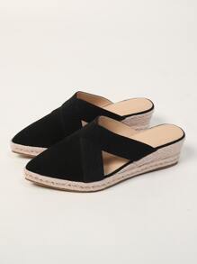 鏤空編織坡跟拖鞋 - 黑色 - 查看 2