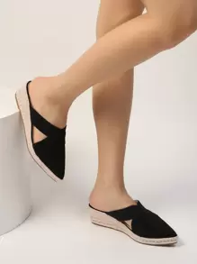 鏤空編織坡跟拖鞋 - 黑色 - 查看 5