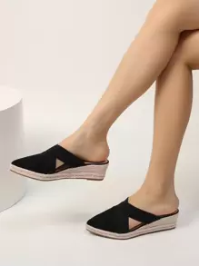 鏤空編織坡跟拖鞋 - 黑色 - 查看 6