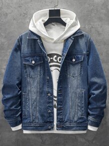 Manfinity Men Flap Pocket Denim Jacket Without Hoodie - Dark Wash - View 1