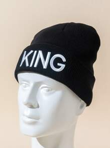 Men Letter Embroidered Cuff Beanie - Black - View 1
