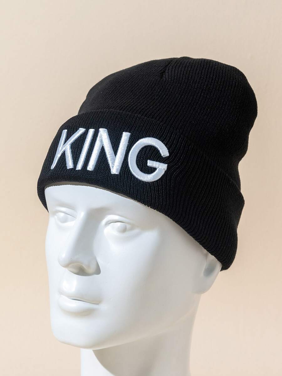 Men Letter Embroidered Cuff Beanie - Black - View 1