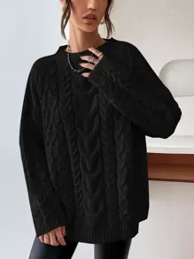 SHEIN Essnce Cable Knit Drop Shoulder Jumper - Black - View 1