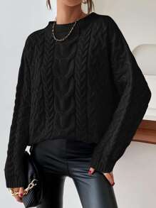 SHEIN Essnce Cable Knit Drop Shoulder Jumper - Black - View 3
