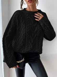 SHEIN Essnce Cable Knit Drop Shoulder Jumper - Black - View 5