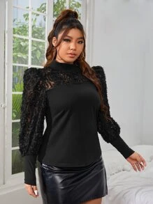 SHEIN Privé Plus Appliques Mesh Lantern Sleeve Mock Neck Top - Black - View 5