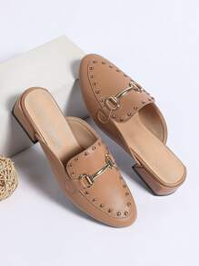Studded & Metal Decor Flat Mules - Khaki - View 4
