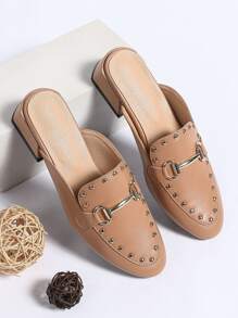 Studded & Metal Decor Flat Mules - Khaki - View 2