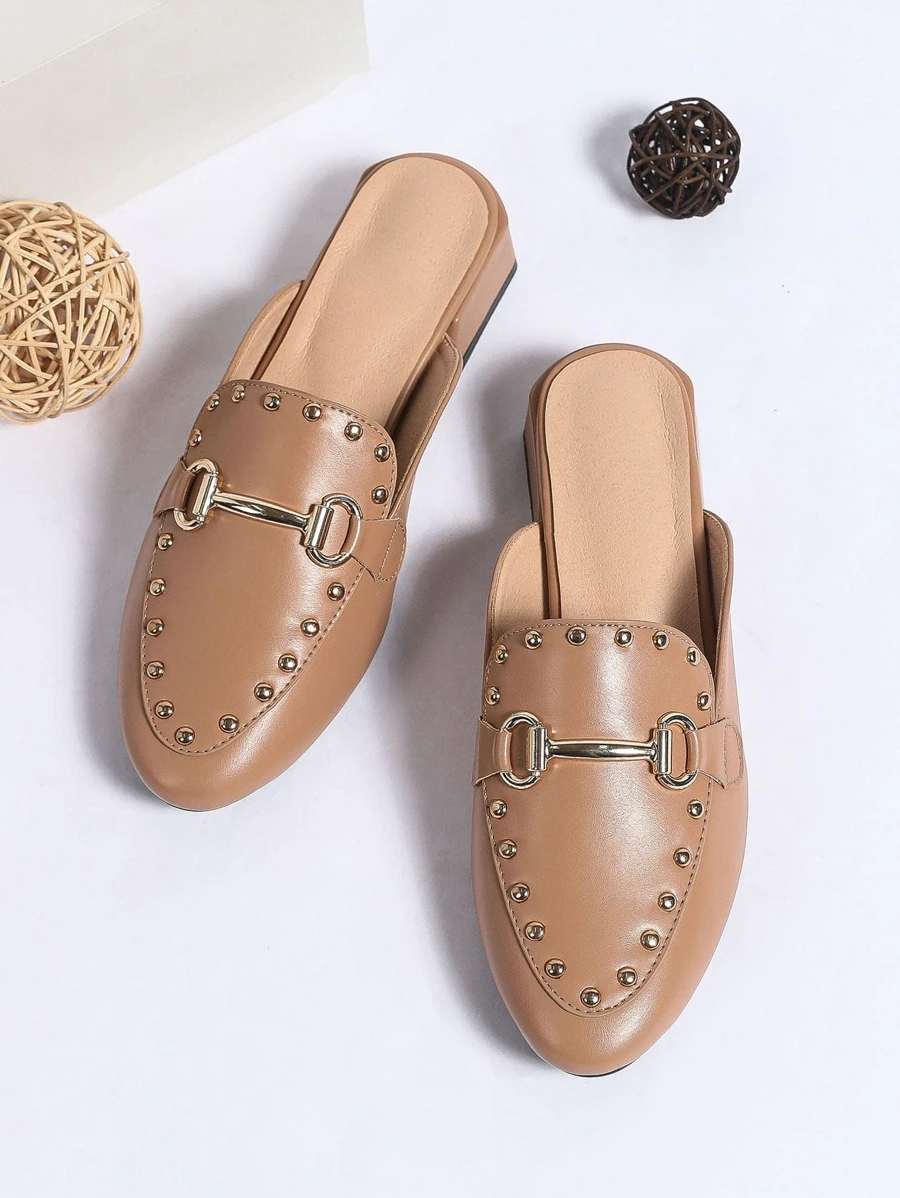 Studded & Metal Decor Flat Mules - Khaki - View 1
