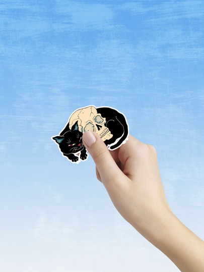 Vincenttrinidadart Cartoon Cat & Skeleton Print Sticker