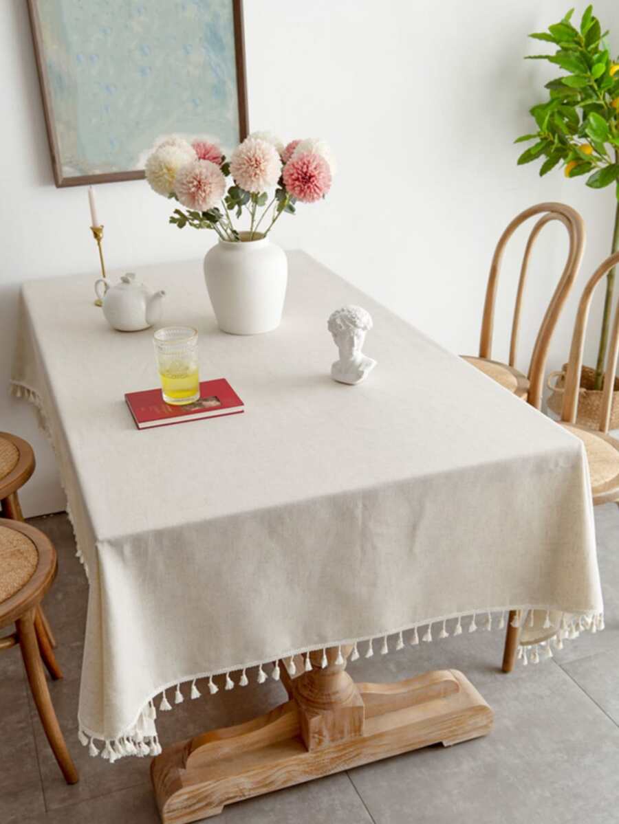 Tassel Trim Tablecloth - Beige - View 1