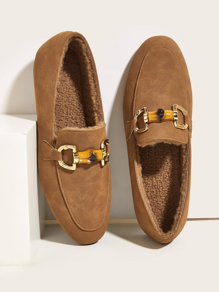 Metal Decor Thermal Lined Flat Loafers - Brown - View 1
