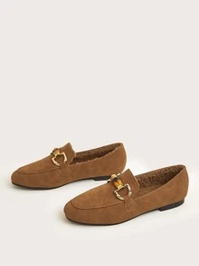 Metal Decor Thermal Lined Flat Loafers - Brown - View 2