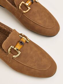 Metal Decor Thermal Lined Flat Loafers - Brown - View 4
