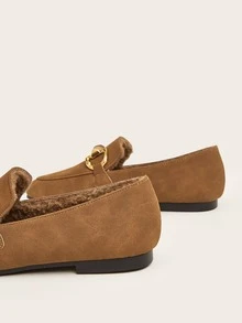 Metal Decor Thermal Lined Flat Loafers - Brown - View 5