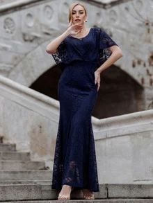 MIUSOL Butterfly Sleeve Lace Formal Dress - Navy Blue - View 4