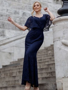 MIUSOL Butterfly Sleeve Lace Formal Dress - Navy Blue - View 5