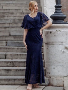 MIUSOL Butterfly Sleeve Lace Formal Dress - Navy Blue - View 6