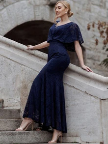 MIUSOL Butterfly Sleeve Lace Formal Dress - Navy Blue - View 8