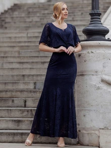 MIUSOL Butterfly Sleeve Lace Formal Dress - Navy Blue - View 9