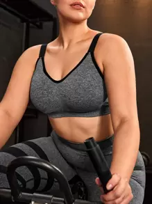 Plus Medium Support Contrast Binding Sports Bra - Dark Grey - View 1